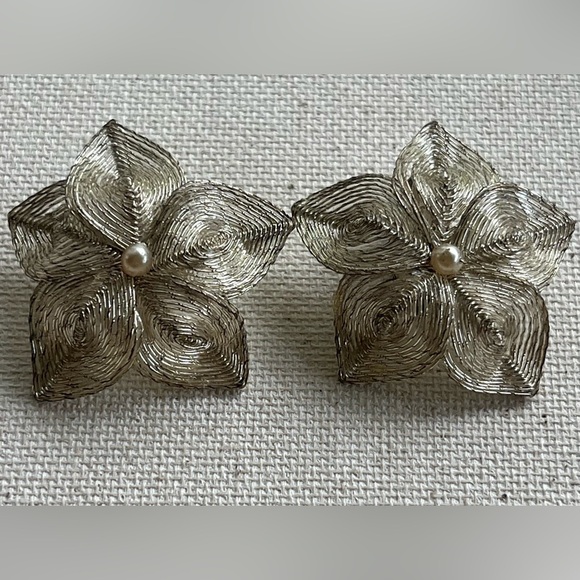 Vintage German Silver-Tone Floral Clip-On Earrings with Faux Pearl Centers - Picture 1 of 3